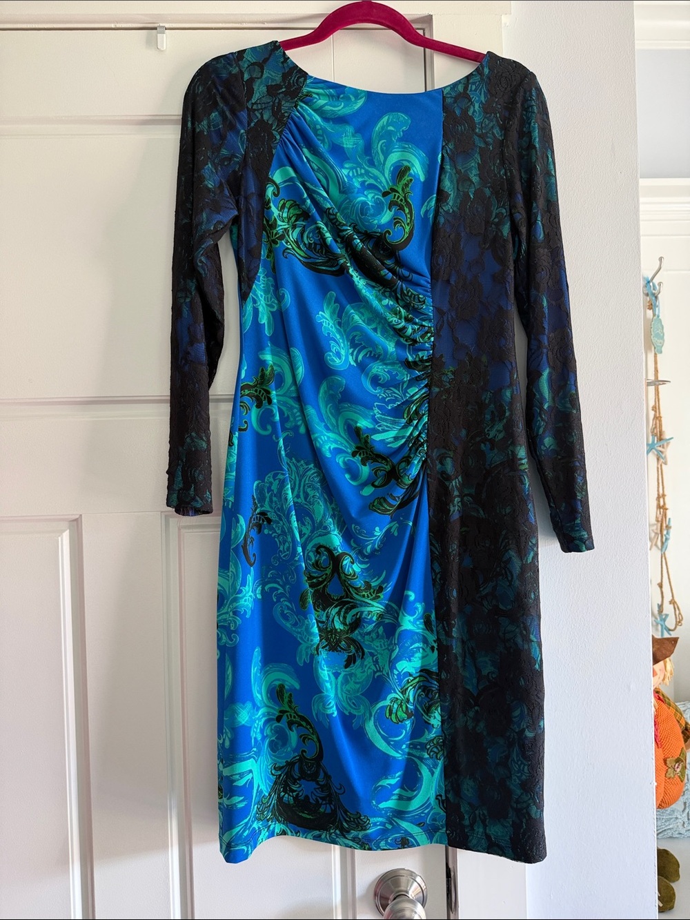 David Meister Blue and Teal Long Sleeve Draped Sheath Dress